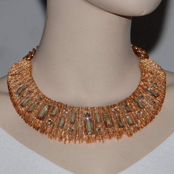 Oscar de la Renta Rose Gold-tone Ribbed Crystal Bib Necklace